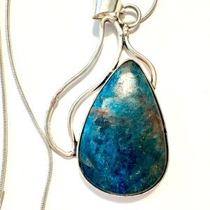 2 inch, silver, Blue Apatite pendant on a silver chain.